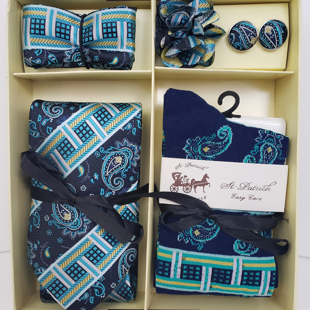 Blue Green Necktie Sock Bud Hanky Cuff Link Set - Picture 1 of 6